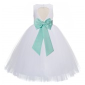 White / Mint Floral Lace Heart Cutout Flower Girl Dress with Flower 172T