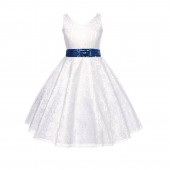 White Floral Lace Overlay V-Neck Navy Sequin Flower Girl Dress 166mh