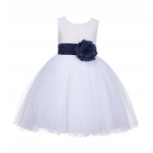 White/Navy Lace Embroidery Tulle Flower Girl Dress Wedding 118