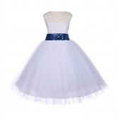 White Floral Lace Bodice Tulle Navy Sequin Flower Girl Dress 153mh