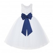 White / Navy V-Back Lace Flower Girl Dress Lace Tutu Dress 212NOFT