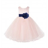 Blush Pink / Navy Tulle Rattail Edge Flower Girl Dress Pageant Recital 829S