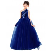 Navy Blue Sparkle Sequin One Shoulder Flower Girl Dress Seq2