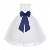 White / Navy Blue Floral Lace Flower Girl Dress White Ball Gown Lg7