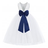 White / Navy Blue V-Back Satin Flower Girl Dress 219T