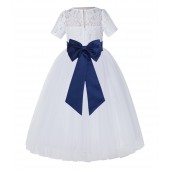 White / Navy Blue Floral Lace Flower Girl Dress Vintage Dress LG2