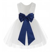 White / Navy Blue Flower Backless Lace Flower Girl Dress V-Back 206T