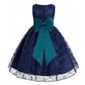Navy Blue / Oasis Floral Lace Overlay Flower Girl Dress Elegant Beauty 163T