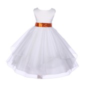 White Satin Organza Orange Sequin Sash Flower Girl Dress J012mh