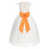 Ivory / Orange Cap Sleeves Lace Flower Girl Dress V-Back Lace Dress 622T