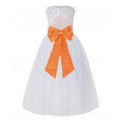 White / Orange Lace Tulle Scoop Neck Keyhole Back A-Line Flower Girl Dress 178