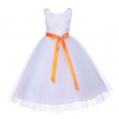 White Tulle 3D Floral Rose Orange Ribbon Rhinestone Flower Girl Dress 152R