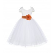 Ivory/Orange V-shaped Neckline Short Sleeves Tulle Flower Girl Dress 154S