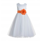 White / Orange V-Back Lace Edge Flower Girl Dress 183T