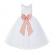 White / Peach V-Back Lace Flower Girl Dress Lace Tutu Dress 212NOFT
