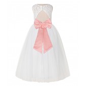 Ivory / Bellini Peach Lace Tulle Scoop Neck Keyhole Back A-Line Flower Girl Dress 178
