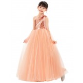 Peach Sparkle Sequin One Shoulder Flower Girl Dress Seq2