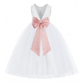 White / Bellini Peach V-Back Satin Flower Girl Dress 219T