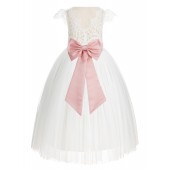 Ivory / Bellini Peach Cap Sleeves Lace Flower Girl Dress V-Back Lace Dress 622T