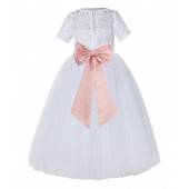 White / Bellini Peach Floral Lace Flower Girl Dress Vintage Dress LG2