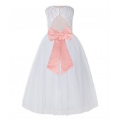 White / Bellini Peach Lace Tulle Scoop Neck Keyhole Back A-Line Flower Girl Dress 178
