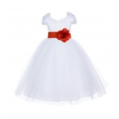 White/Persimmon V-shaped Neckline Short Sleeves Tulle Flower Girl Dress 154S
