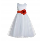 White / Persimmon V-Back Lace Edge Flower Girl Dress 183T
