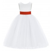 White / Persimmon Red V-Back Satin Flower Girl Dress 219T