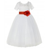Ivory / Persimmon Red Floral Lace Flower Girl Dress Vintage Dress LG2