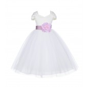Ivory/Pink V-shaped Neckline Short Sleeves Tulle Flower Girl Dress 154S