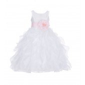 White/Pink Ruffled Organza Flower Girl Dress Wedding Pageant 168T