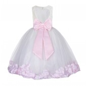 White / Pink Floral Lace Heart Cutout Flower Girl Dress with Petals 185T