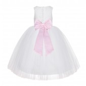 White / Pink Floral Lace Flower Girl Dress White Ball Gown Lg7