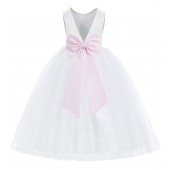 White / Pink V-Back Satin Flower Girl Dress 219T