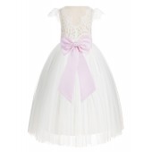 Ivory / Pink Cap Sleeves Lace Flower Girl Dress V-Back Lace Dress 622T