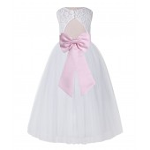 White / Pink Lace Tulle Scoop Neck Keyhole Back A-Line Flower Girl Dress 178