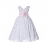 White/Pink V-Neck Yoryu Chiffon Flower Girl Dress Bridesmaid 503F