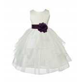 Ivory/Plum Satin Shimmering Organza Flower Girl Dress Wedding 4613T