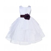 White/Plum Satin Shimmering Organza Flower Girl Dress Wedding 4613T