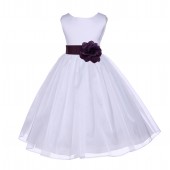 White/Plum Satin Bodice Organza Skirt Flower Girl Dress 841T