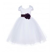 White/Plum V-shaped Neckline Short Sleeves Tulle Flower Girl Dress 154S