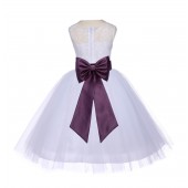 White/Plum Floral Lace Bodice Tulle Flower Girl Dress Wedding 153T
