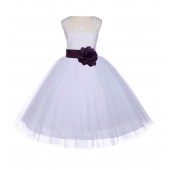White/Plum Floral Lace Bodice Tulle Flower Girl Dress Wedding 153S