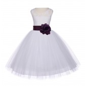 Ivory/Plum Floral Lace Bodice Tulle Flower Girl Dress Bridesmaid 153S