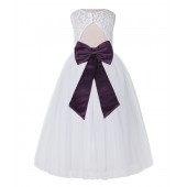 White / Plum Lace Tulle Scoop Neck Keyhole Back A-Line Flower Girl Dress 178