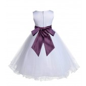 White/Plum Tulle Rattail Edge Flower Girl Dress Wedding Bridal 829S