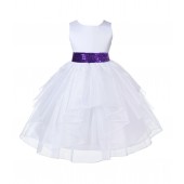 White Shimmering Organza Purple Sequin Sash Flower Girl Dress 4613mh