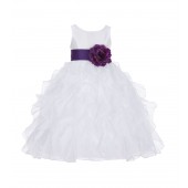 White/Purple Ruffled Organza Flower Girl Dress Wedding Pageant 168T