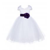 White/Purple V-shaped Neckline Short Sleeves Tulle Flower Girl Dress 154S