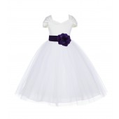 Ivory/Purple V-shaped Neckline Short Sleeves Tulle Flower Girl Dress 154S